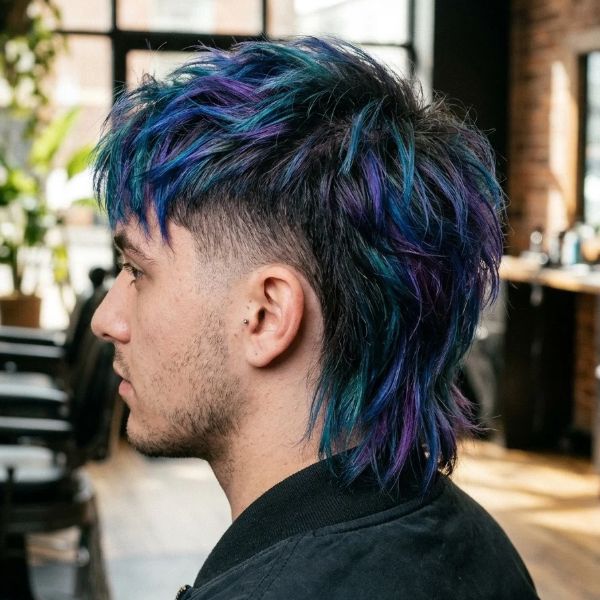 Colored Modern Mullet with Burst Fade
