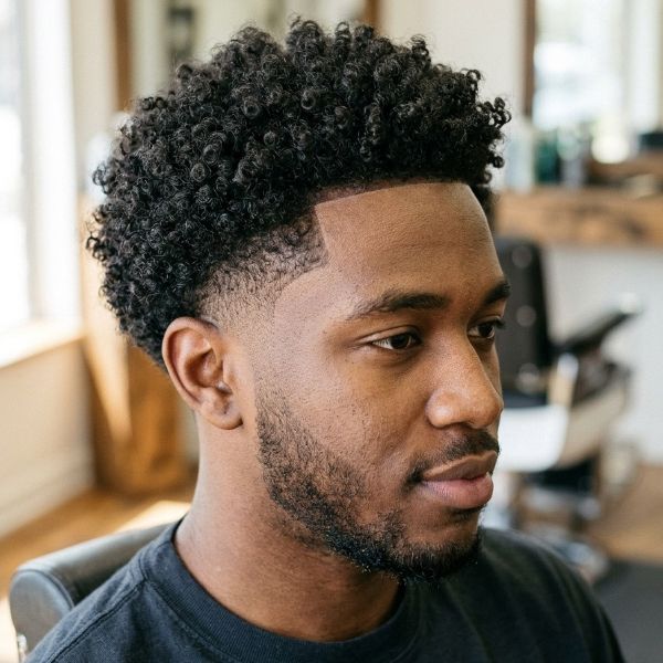 Low taper fade with curls or an afro