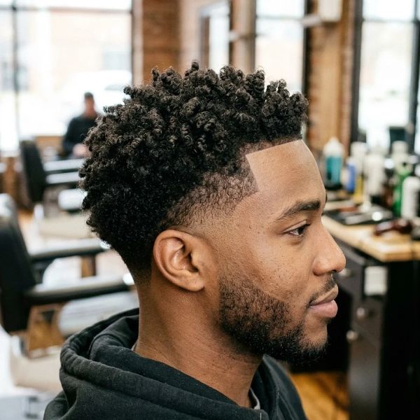 Low taper fade with sponge curls, twists, or locs