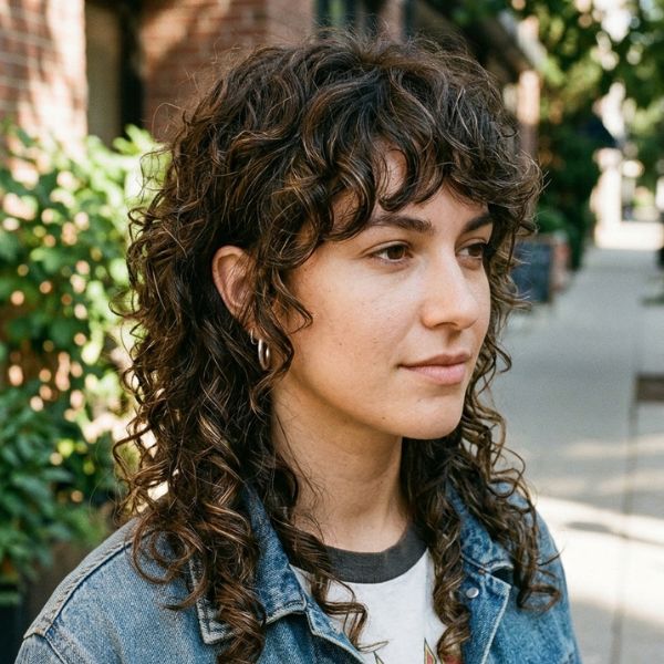 Side-Swept Bangs Curly Mullet